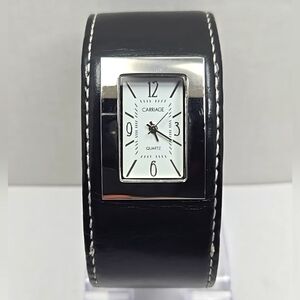 Womens Vintage Carriage Timex Black Leather Cuff Watch New Battery Silver Rare